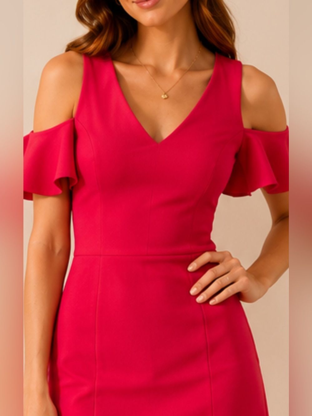 Sabrina Diamanti Cold-Shoulder V-Neck Dress in Hot Pink NWT